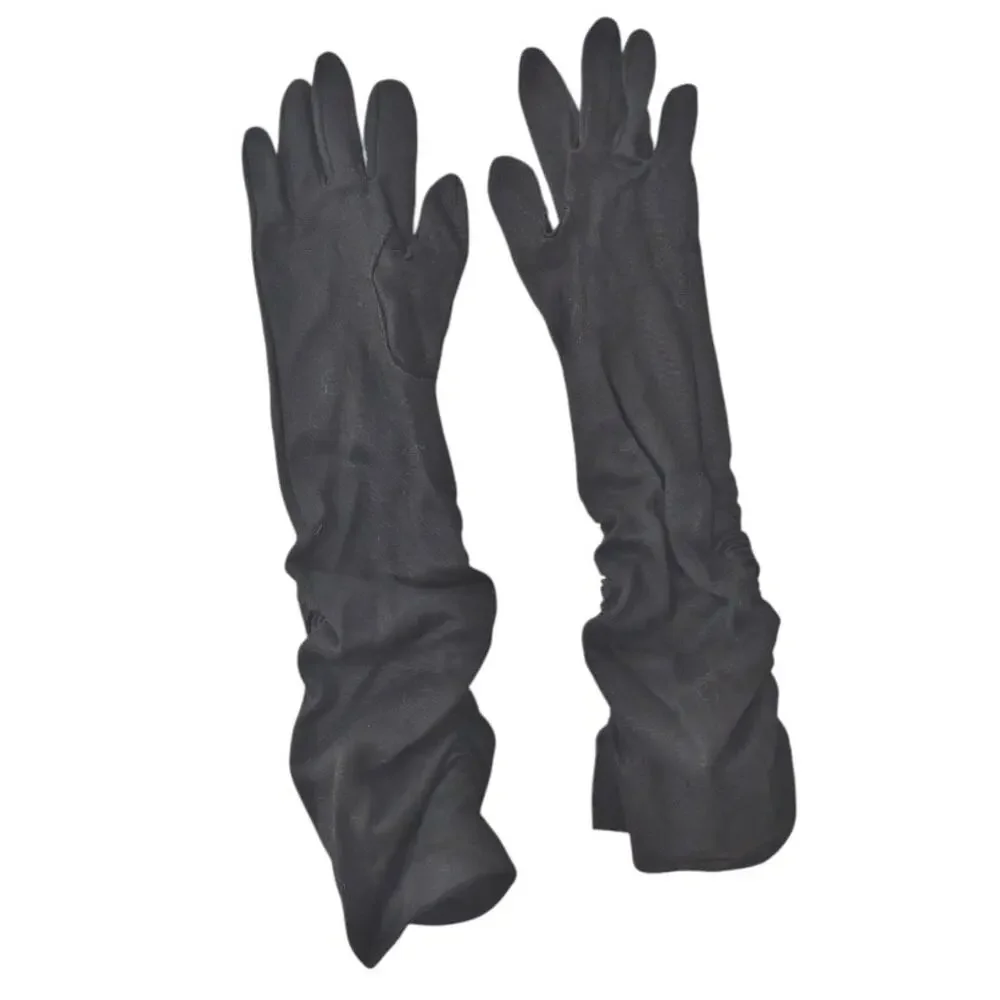 Vintage 60s Black Elbow Length Gloves Stretch Knit Elastic Rouching Detail Retro